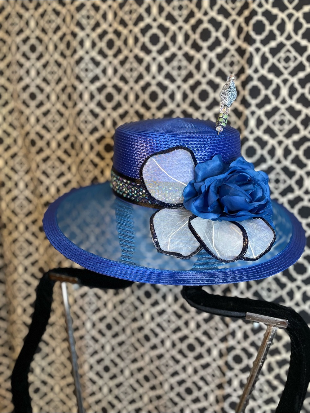 Royal Blue Floral Dress Hat with Decorative Trim